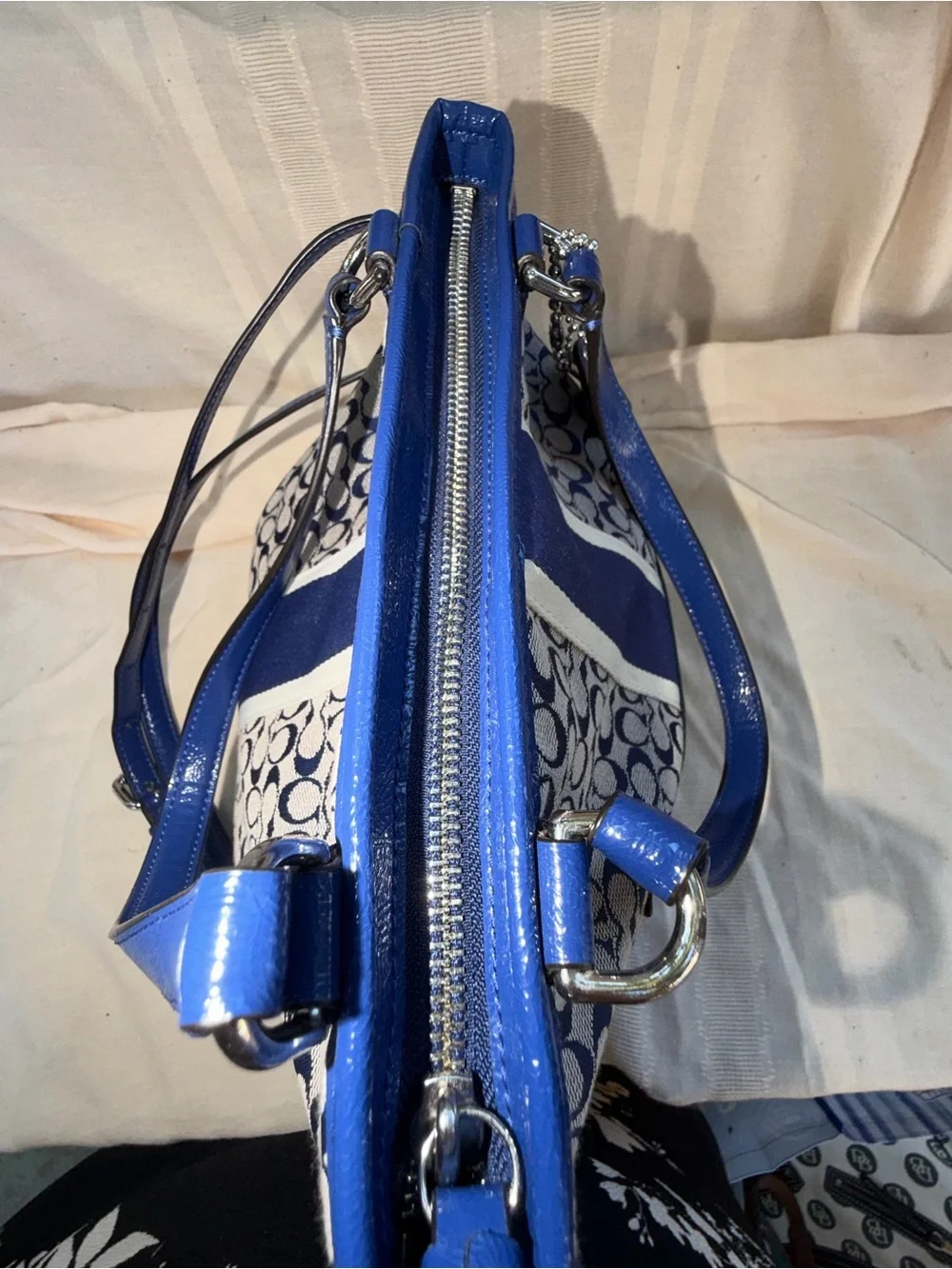 Coach Blue and White Signature Stripe Shoulder Bag